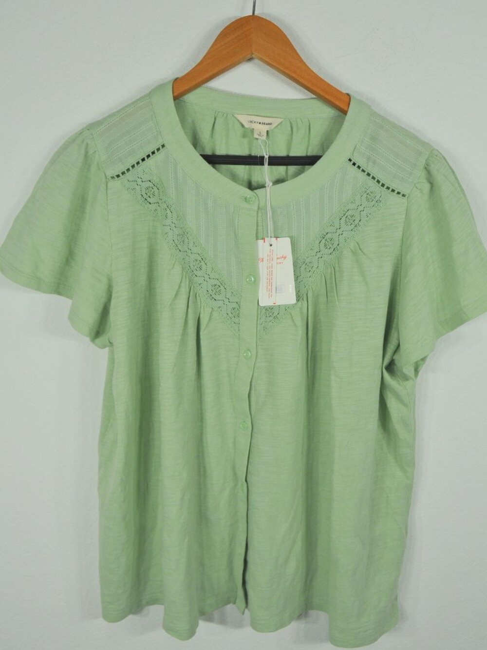 Lucky Brand Women’s L Green Peasant Blouse Lace Short Sleeve Boho Top NWT